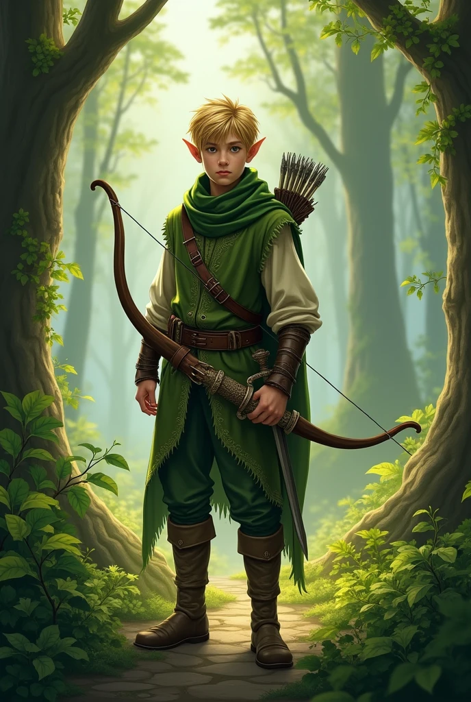 in a medieval world.
A teenage elf from  ,male, with blond hair and green eyes.
wearing green clothes ,a bow and arrow and a sword