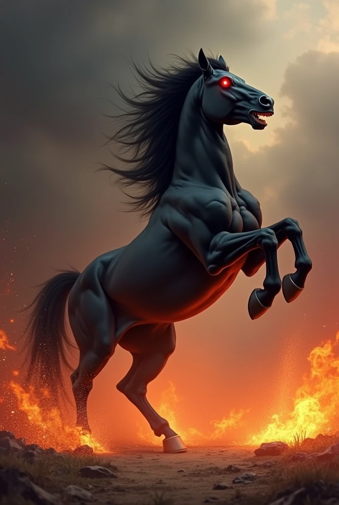 Erstelle ein Bild mit einem black 
angreifenden aggressiven mächtigrn zugpferd hengst 
mit übertriebenen herausstehenden Muskeln und Adern und feuerroten Augen, which stands on its hind legs and stretches its front hooves high in the air. black, carbonizing, flames ground in stomps. The background should be a flaming inferno so that you can see the heat 