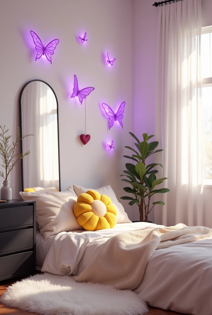 A room with white walls, purple butterflies and hearts attached to the wall at the foot of the bed, a large white mirror at the foot of the bed, a black dresser, white and beige bed sheets, pillows in the shape of a yellow flower, purple LED lights and decoration with a plant at the foot of the bed