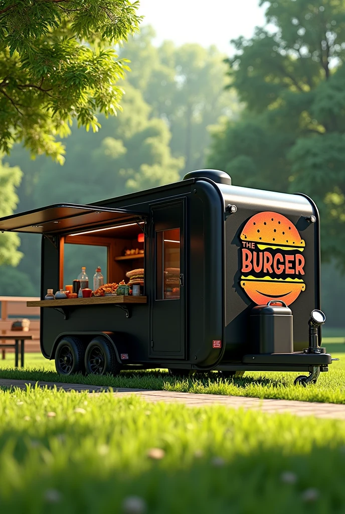 Create a snack trailer image, from a burger joint, and behind a park with grass around it, where is it located, the cart should be highlighted, the cart must be black with a prominent logo, with the following name "THE BURGER"