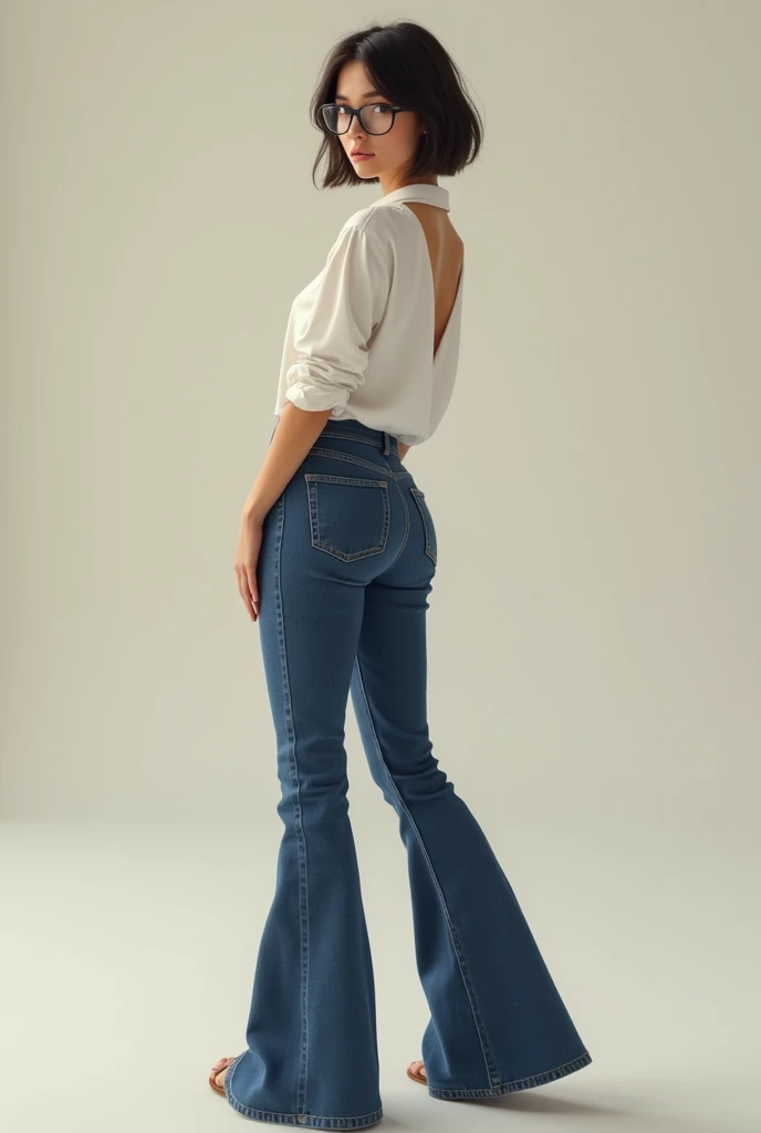 HD real girl with glasses, short hair, y brackets, in bell-bottom jeans, full body and back showing her ass