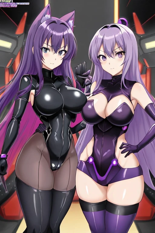 anime style, 2d, anime screencap, 2girls, twins, purple hair, serious, futuristic, science-fiction, black bodysuit, bodysuit, purple, large breasts, breasts, wide hips, thick thighs, pantyhose, blue eyes, tech, thighhighs, hair ornament, ornament, headphones, headset, machinery