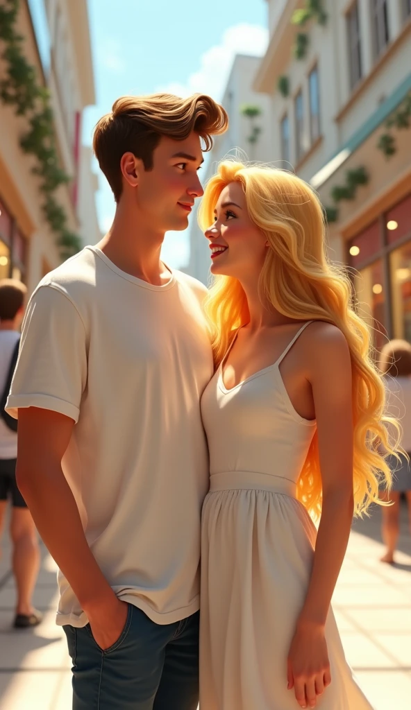 A guy with white t-shirt standing beside a woman with yellow hair and white sleeveless dress at a shopping mall, pixar disney style, cinematic, masterpiece, high-aesthetic , portrait