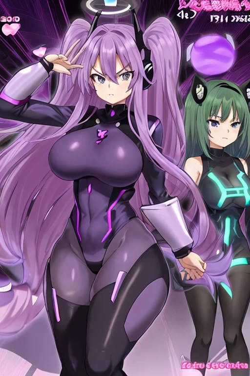 anime style, 2d, anime screencap, 2girls, twins, purple hair, serious, futuristic, science-fiction, black bodysuit, bodysuit, purple, large breasts, breasts, wide hips, thick thighs, pantyhose, blue eyes, tech, thighhighs, hair ornament, ornament, headphones, headset, machinery