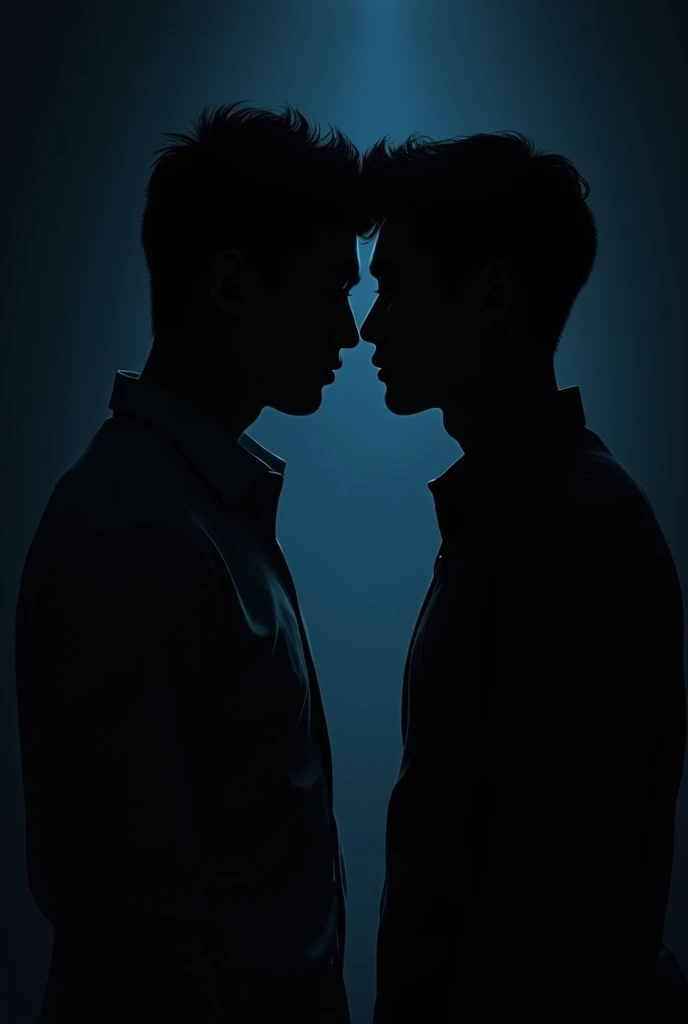 eux tu faire deux hommes en train de se regarder mantiquement de vue de dos dans le noir ou on voit ste les silouhettes. Je veux qu'on voit que leurs ombre Je veut qu'on voit que leurs silhouette. I don't want us to see their faces. An image or that the face has seen not the body. Bring their faces closer together. Deux ommes apparence coreen. Je veux que l'image ssemble à la couverture de l'album de taeyeon to x. a man with fuller lips and a face. Un homme avec un air innocent, visage rond et livre pulpeuse et l’autre un homme d’affaire avec sa silhouette dans le noir complet avec une lumière bleu sombre ambiance avec une apparence reel. Un homme apparence d’origine filipin Grosse levreet l’autre coréen mais qui ne s’embrasse pas mais presque. Dans un mur noir derrière avec une coupe au bol une frange jeune sans barbe qui s’embrasse pas dans la nuit. A taller man black background with a taller man and the short one with big lips