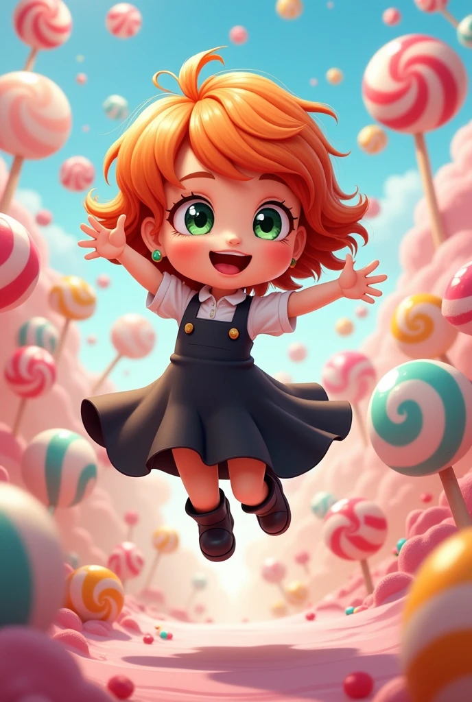Candy background. 1 Chibi adult woman with orange hair and green eyes. Wearing a black dress and boots. Happy. Jumping.