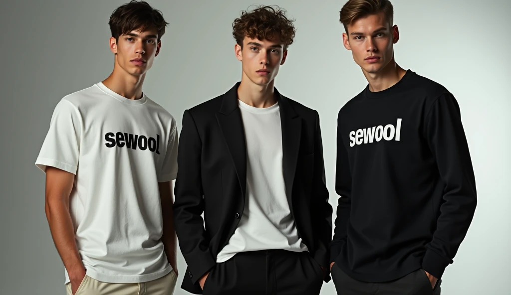 give me a picture of 2 or 3 male models in one picture with wearing oversize t-shirt and wearing formals paint and photoshoot in studio, and print the word on t shirt = Sewool