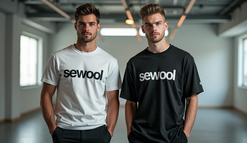 give me a picture of 2 or 3 male models in one picture with wearing oversize t-shirt and wearing formals paint and photoshoot in studio, and print the word on t shirt = Sewool