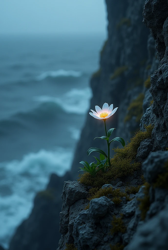 one beautiful luminescent small flower growing admidst the stone of a very high cliff, difficult to reach, stormy sea underneath, upward perspective, seen from far away