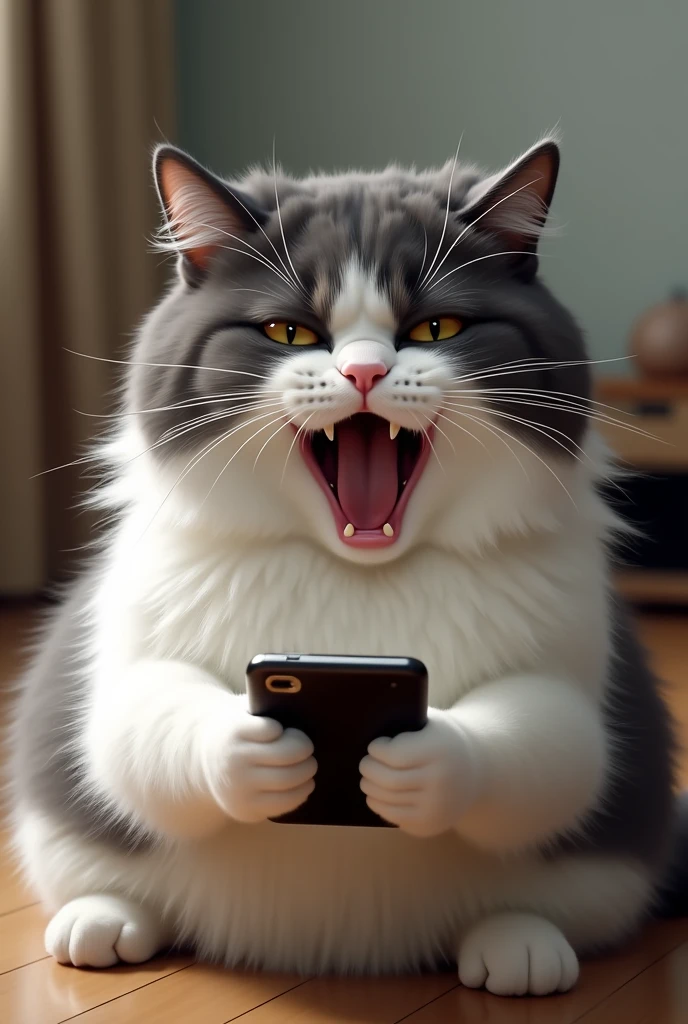A chubby white and black mixed cat is looking at the phone and shouting 