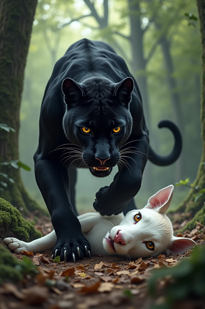 The black panther crushed the white deer under his feet