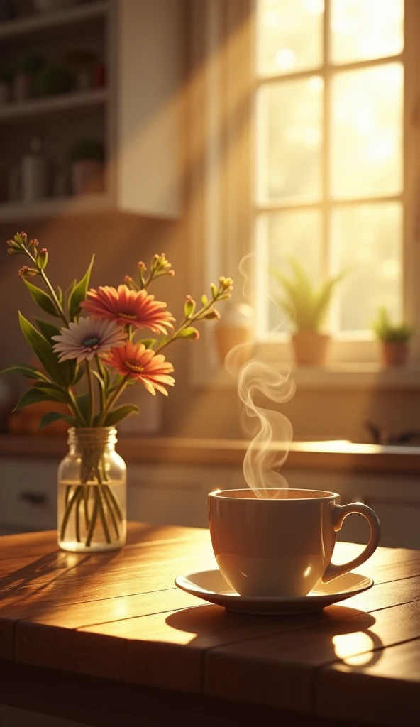 "A cozy kitchen bathed in the soft, golden light of early morning. On a rustic wooden table, a steaming mug of freshly brewed coffee sits, inviting and warm. The steam rises gently, swirling in the cool morning air, as sunlight filters through the window, casting a serene glow across the room. The table is simple, with a small vase of fresh flowers beside the mug, and the scene captures the peaceful, comforting ritual of that first, perfect sip of coffee at the start of a new day. The ambiance is calm and soothing, embodying the quiet promise of the morning."