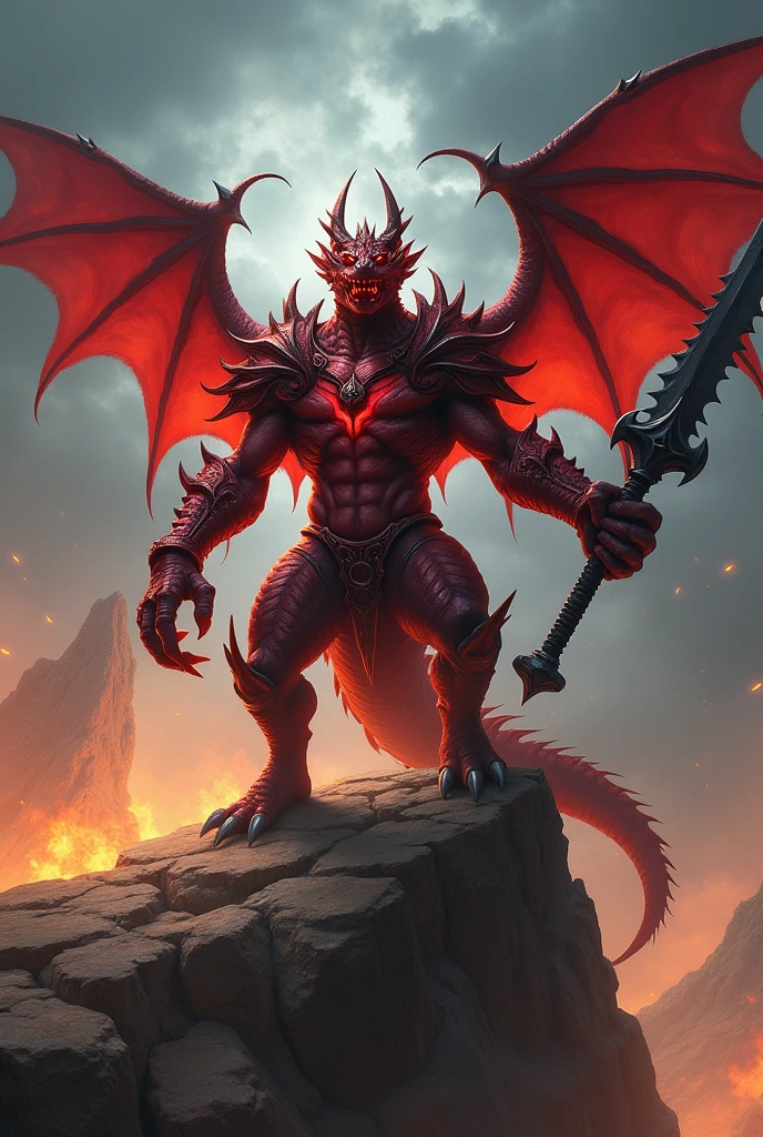 solo, male, ultra details, demon, ultra detailed muscles, red skin, standing up, black claws, red eyes, slit eyes, muscular, menacing, sexy, handsome, ultra detailed slit eyes, pecs, a pair of dragonic wings, hind leg, have only one tail, (Masterpiece, by null-ghost, ultra hi-res, 8k), demonic armor, black colour loincloth, hellish landscape, front point of view,