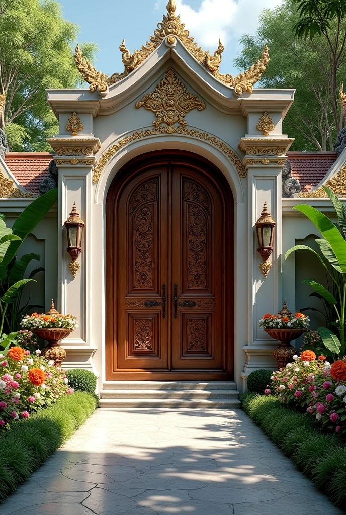 (masterpiece:1.2, Highest quality, Ultra-high resolution, Very detailed, Realistic, RAW Photos:1.2, Elaborate photos), 8k, wallpaper, (Ray Tracing), Thai mansion, (Grand entrance with a large wooden door, Intricately carved Thai motifs, Stone pathway leading through a lush garden, Tropical plants and vibrant flowers, Traditional lanterns lining the path, Ornate statues and water features), A photo capturing the inviting and majestic entrance to the mansion, with rich textures and cultural details that reflect the elegance of traditional Thai design.