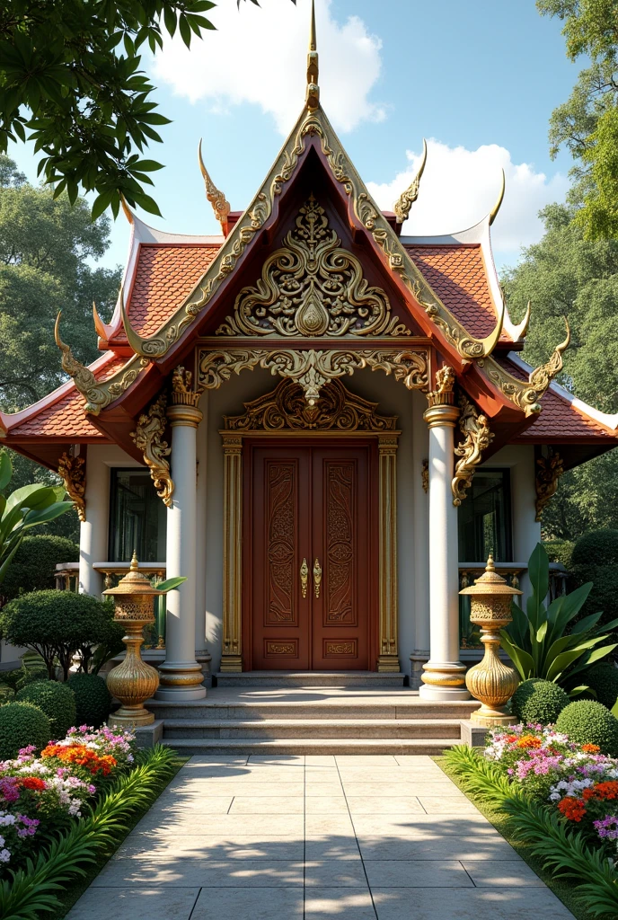 (masterpiece:1.2, Highest quality, Ultra-high resolution, Very detailed, Realistic, RAW Photos:1.2, Elaborate photos), 8k, wallpaper, (Ray Tracing), Thai mansion, (Grand entrance with a large wooden door, Intricately carved Thai motifs, Stone pathway leading through a lush garden, Tropical plants and vibrant flowers, Traditional lanterns lining the path, Ornate statues and water features), A photo capturing the inviting and majestic entrance to the mansion, with rich textures and cultural details that reflect the elegance of traditional Thai design.