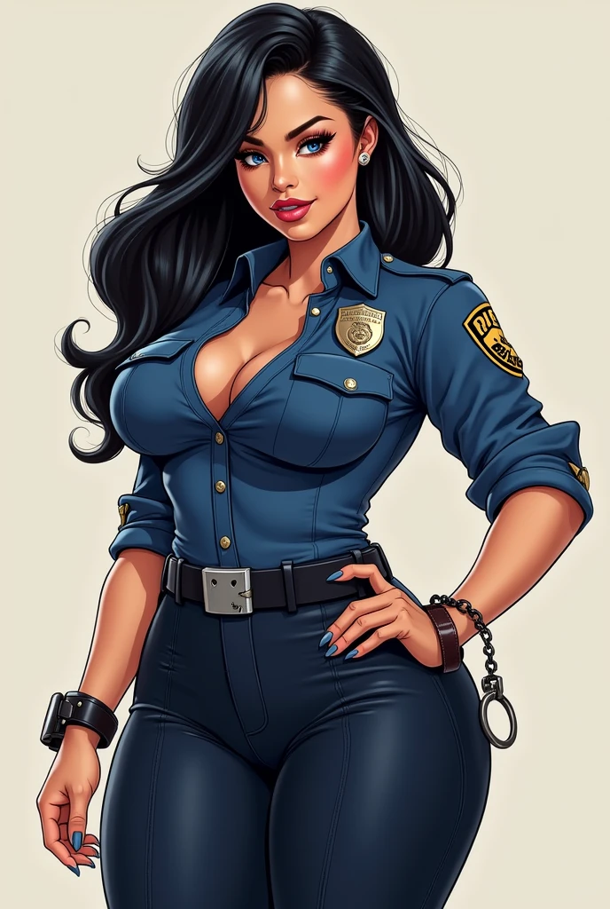 Drawing of a chubby sensual woman with a round face, black hair, dressed as a police officer and handcuffs on her hand