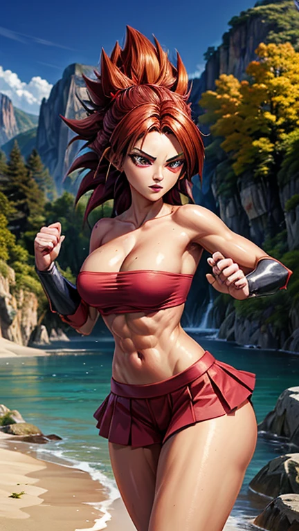 "A female Saiyan warrior in her Super Saiyan 4 form. Long, thick, spiky black hair, reaching down to her waist. Reddish skin covering most of her body, except for the torso and face, which maintain their normal skin color. Thin red fur covering the arms, legs, and subtly the upper torso, preserving a more feminine appearance. Golden eyes with red pupils, expressive and determined. Thin black eyebrows. Red ey tail. Athletic and toned body, maintaining feminine curves. Wearing a tight top and shorts or a short skirt, adapted for combat. Confident and fierial expression. Bright golden aura surrounding the body. Fighting stance, emanating power and agility."