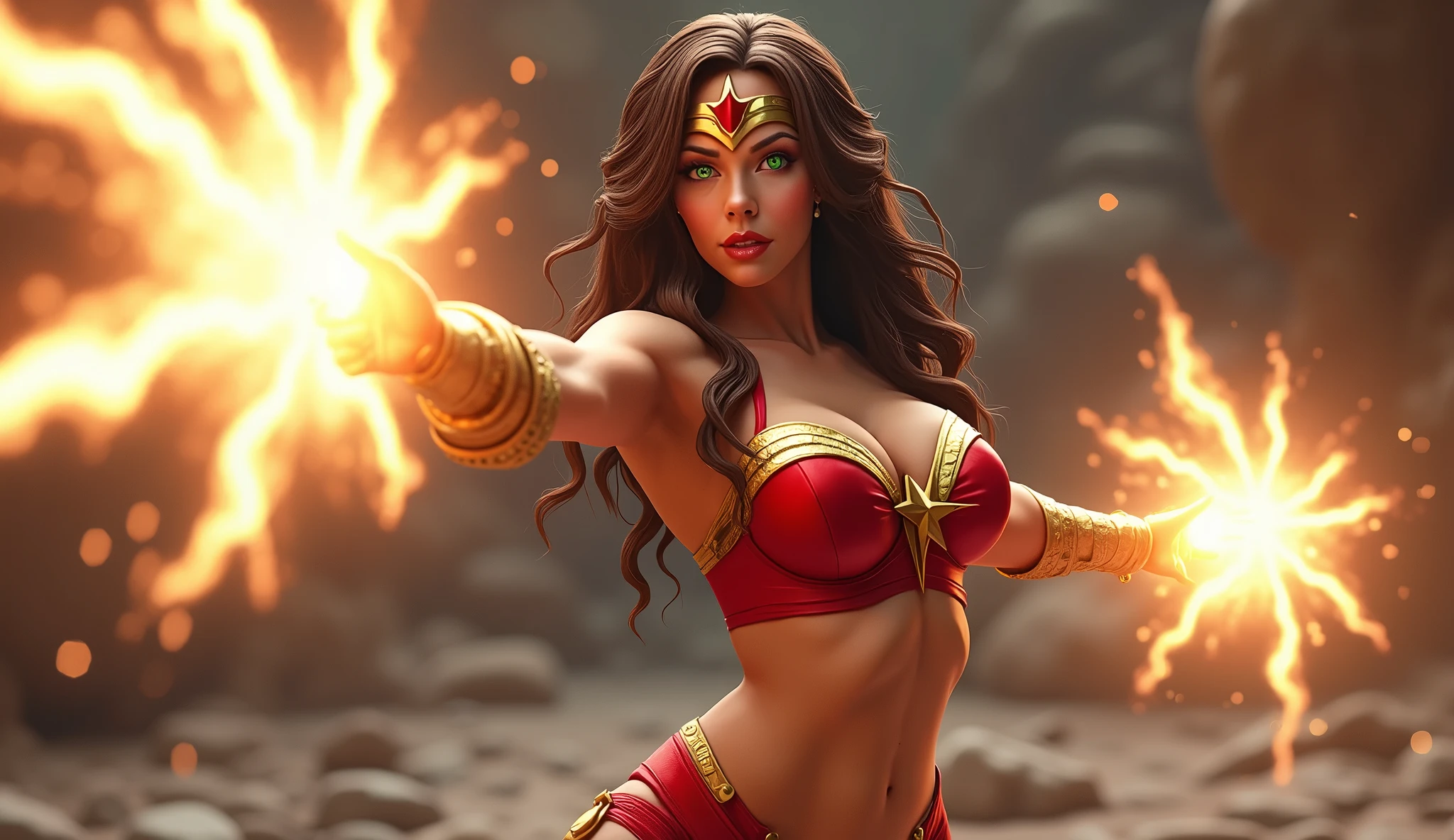 (best quality,4k,8k,highres,masterpiece:1.2),ultra-detailed,(realistic,photorealistic,photo-realistic:1.37),,superhero,sexy ,( beautiful female superheroine, brown hair ,braided ponytail , red sleeveless crop shirt, with a golden Star, midriff wears (a golden tiara with a red gem on forehead) , golden bracelets, long red boots, and small red shorts) (Venus Star) (tiara) (green eyes) UHD (seductive look) (busty and fit) (firing fire magical energy blasts from her hands)