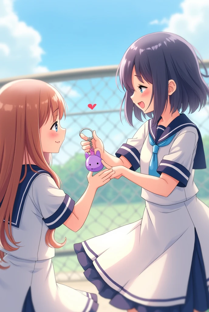 Short hair girl give purple colour rabbit keytag to long hair girl. They are in school play ground with their school uniform.they wear white frock uniform with blue and white line tie. short hair girl is tomboy.