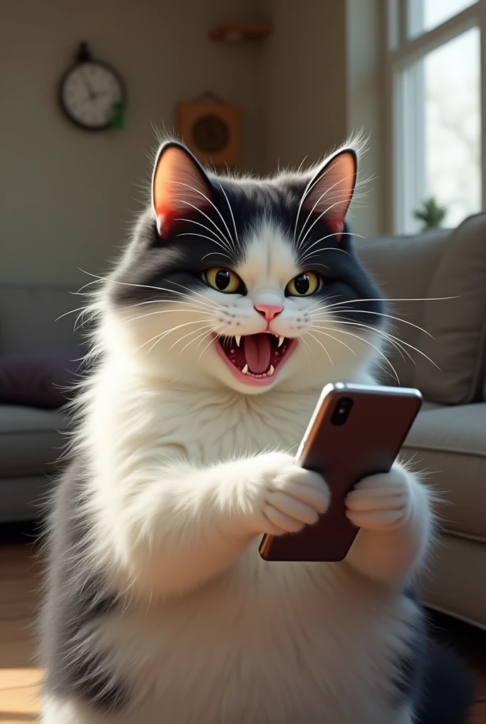 A chubby white and black mixed cat is looking at the phone and shouting