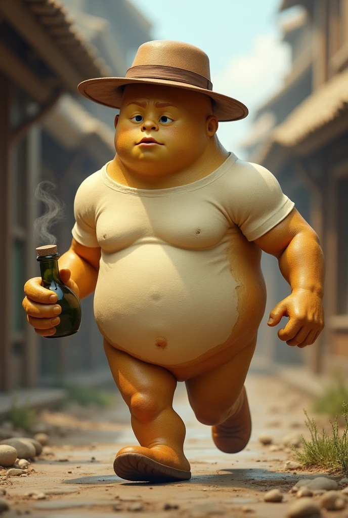 MUSCULAR BREAD DOUGH WITH A HAT BUT THEY STEAL A POTION NOT FAT AND THEY CHASE HIM BUT VERY TENDER BUT ALL MUSCULAR BUT VERY REALISTIC BUT NOT SO MUCH TENDERNESS WITH A POTION IN HIS HAND BUT WITH A WHITE SHIRT AND NOT FAT





