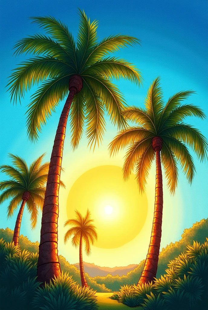 colored drawing of three buriti palm trees with the sun behind.