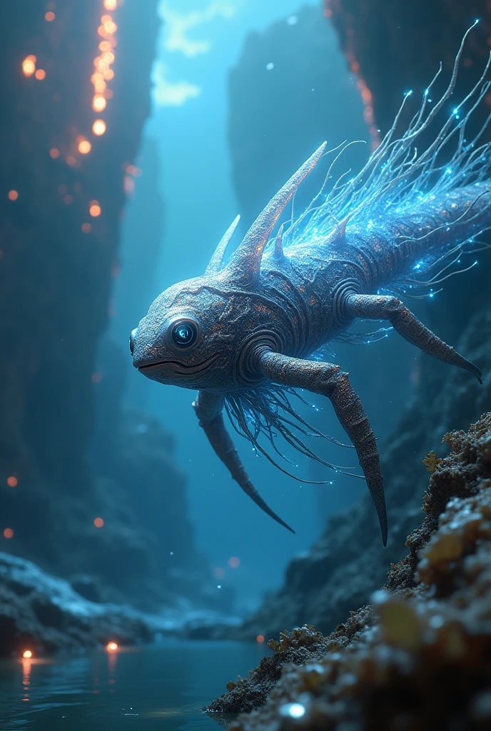 A marine animal with mystical and futuristic characteristics in a different environment