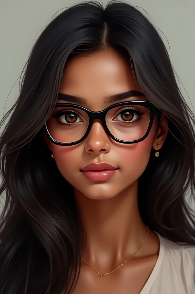 Indian girl, black glasses,long hair , brown eyes, oval face shape.brown skin tone