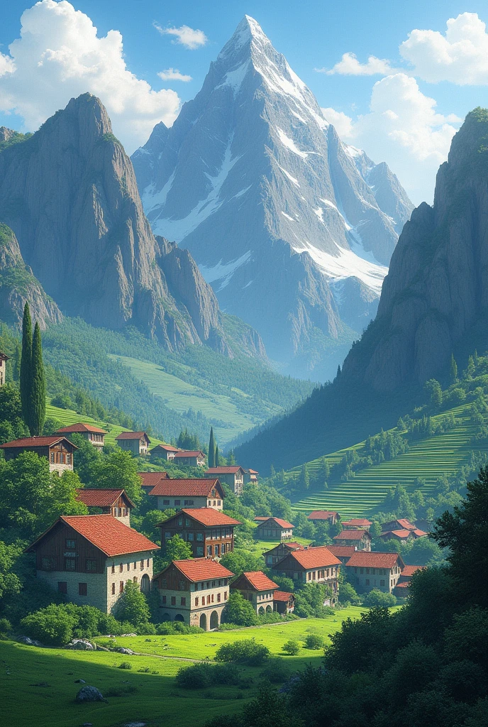 A picture of 20 houses between three mountains. There are agricultural terraces in the mountains, and below the houses are wonderful fields.