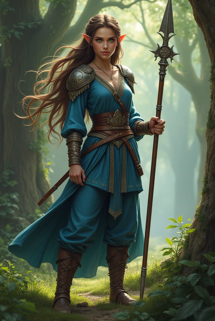 in a medieval world.
A female elf girl, brown hair and green eyes,wearing blue clothes and a battle spear