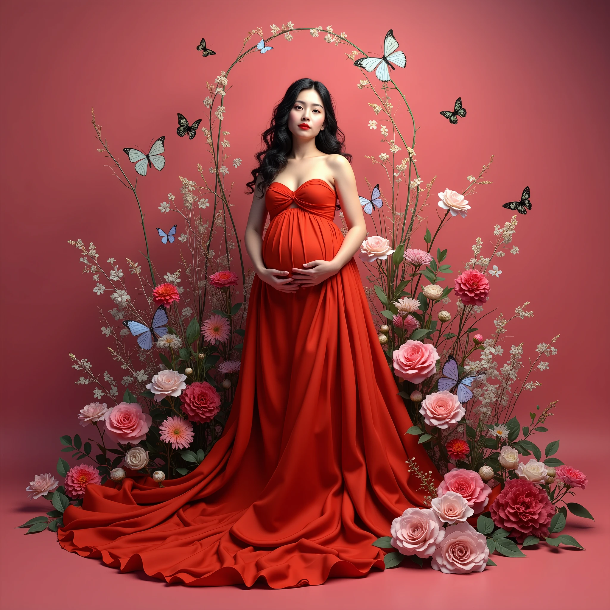 pregnant woman in red gown surrounded by flowers and butterflies, a colourised photo by Elena Guro, trending on cg society, conceptual art, blue and pink colors, blue and pink color scheme, blue and pink, maternal photography 4 k, pastel blues and pinks, pink and red colors, pink and blue colour, red and pink colour splash, pink and blue