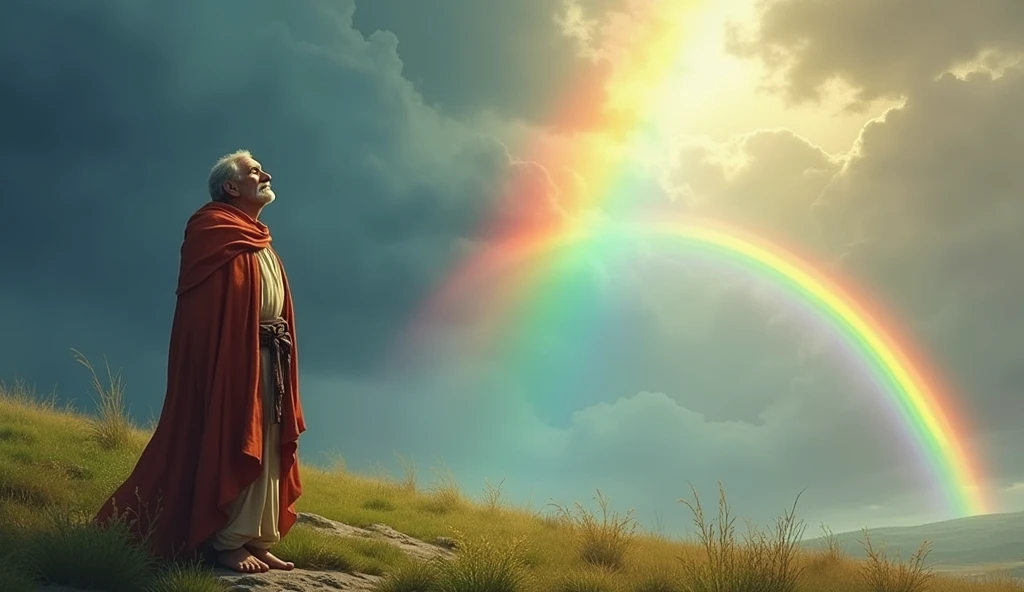 Enoch the prophet of God, looking at a bright rainbow after a rain, symbolizing God's promise. The scene is full of vibrant colors, reflecting hope and renewal.