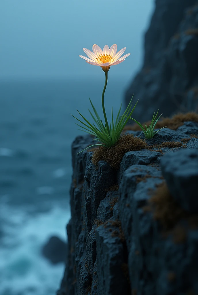 one beautiful luminescent small flower growing admidst the stone of a very high cliff, difficult to reach, stormy sea underneath, looking up, seen from far away