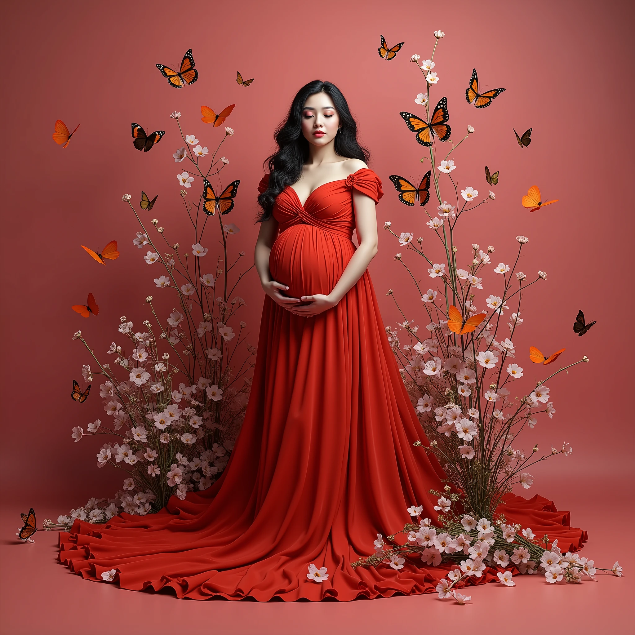 pregnant woman in red gown surrounded by flowers and butterflies, a colourised photo by Elena Guro, trending on cg society, conceptual art, blue and pink colors, blue and pink color scheme, blue and pink, maternal photography 4 k, pastel blues and pinks, pink and red colors, pink and blue colour, red and pink colour splash, pink and blue