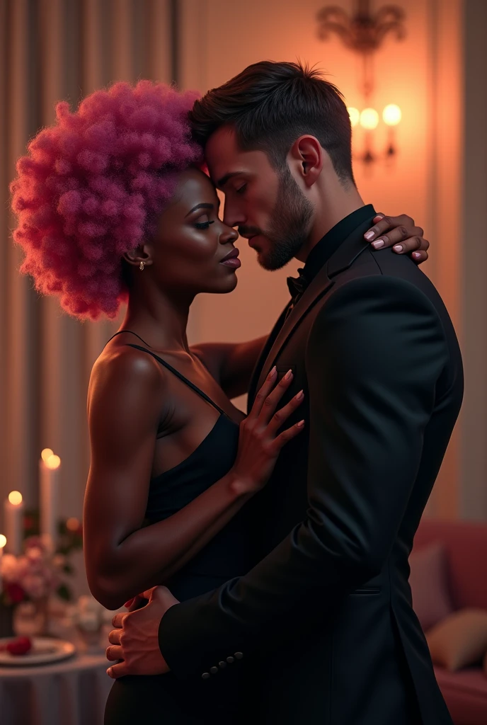  Realistic image of an African American woman with pink Afro hair tenderly hugging a blond man with blue eyes and muscular body in a black suit , showing love and affection. I imagine the focus would be on conveying the emotional connection between them., with an atmosphere that reinforces the warmth and intimacy of the moment. in a romantic atmosphere 