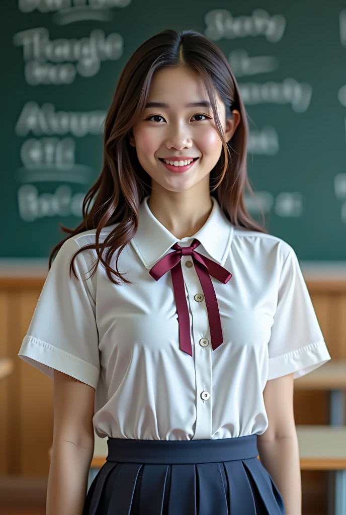 (best quality、On the table、8k、Best image quality、Award-winning works)、(Beautiful girls:1.1)、(White polyester collar shirt:1.1)、(There is a burgundy ribbon on the , Just like school uniform:1.1)、(Navy pleated skirt:1.1)、(:1.5)、(Highlight your body lines:1.1)、(Plump body:1.4)、girl portrait photography、glowing skin、Stand gracefully、(Perfect blurred school classroom background:1.1)、(Classroom blackboard background:1.2)、(With a charming and  smile:1.1)、(Close-up of face:1.1)