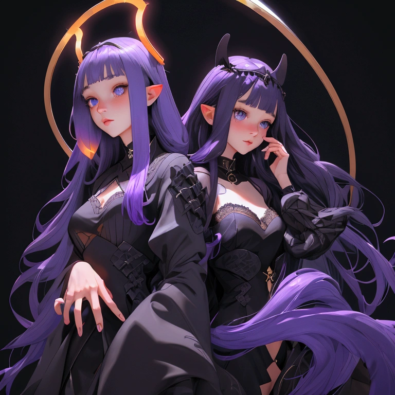 envision a 8k, highres, cinematic, full body beautiful design of a slender girl named Ina'nis Ninomae with long purple hair, blue eyes, in a black dress with lace and waist wings with a golden halo above her head against a dark gray background