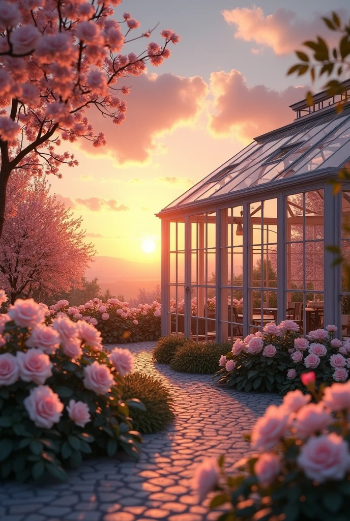 sunset,White and pink roses ,glass house