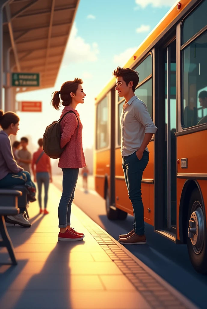 Generate an image of a woman waiting for a man to get off the bus at the bus station. The man is at the bus door. They are happy to meet each other again.