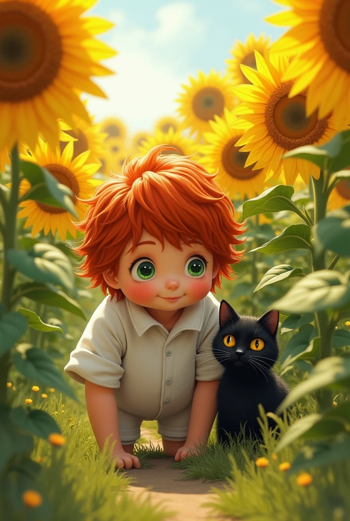 redheadwear, white and fat, with green eyes in a field of sunflowers playing hide and seek with a black cat with bright yellow eyes.