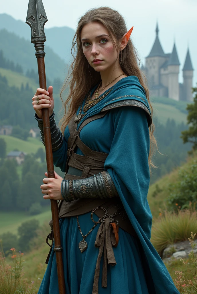 in a medieval world.
An elderly female elf girl, brown hair and green eyes,wearing blue clothes and a battle spear