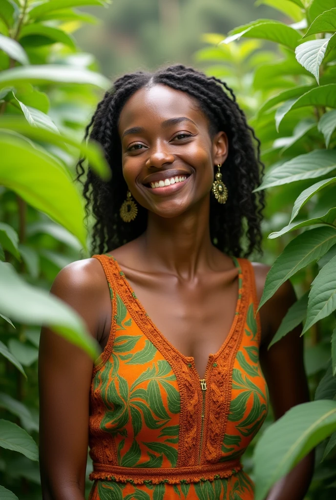 Beautiful woman in moringa farm advertising Tesfalem moringa brand happy