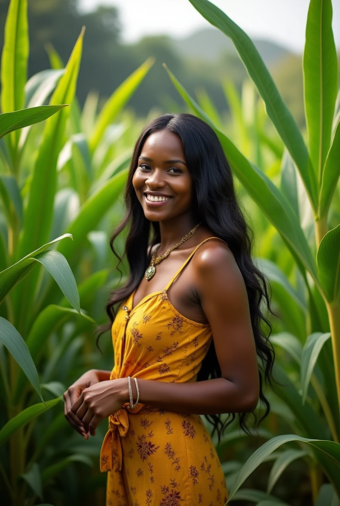 Beautiful woman in moringa farm advertising Tesfalem moringa brand happy 