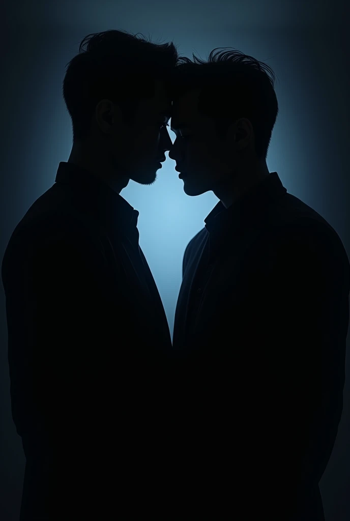 eux tu faire deux hommes en train de se regarder mantiquement de vue de dos dans le noir ou on voit ste les silouhettes. Je veux qu'on voit que leurs ombre Je veut qu'on voit que leurs silhouette. I don&#39;t want us to see their faces. An image or that the face has seen not the body. Bring their faces closer together. Deux ommes apparence coreen. Je veux que l'image ssemble à la couverture de l'album de taeyeon to x. a man with fuller lips and a face. Un homme avec un air innocent, visage rond et livre pulpeuse et l’autre un homme d’affaire avec sa silhouette dans le noir complet avec une lumière bleu sombre ambiance avec une apparence reel. Un homme apparence d’origine filipin Grosse levreet l’autre coréen mais qui ne s’embrasse pas mais presque. Dans un mur noir derrière avec une coupe au bol une frange jeune sans barbe qui s’embrasse pas dans la nuit. A taller man black background with a taller man and the short one with big lips