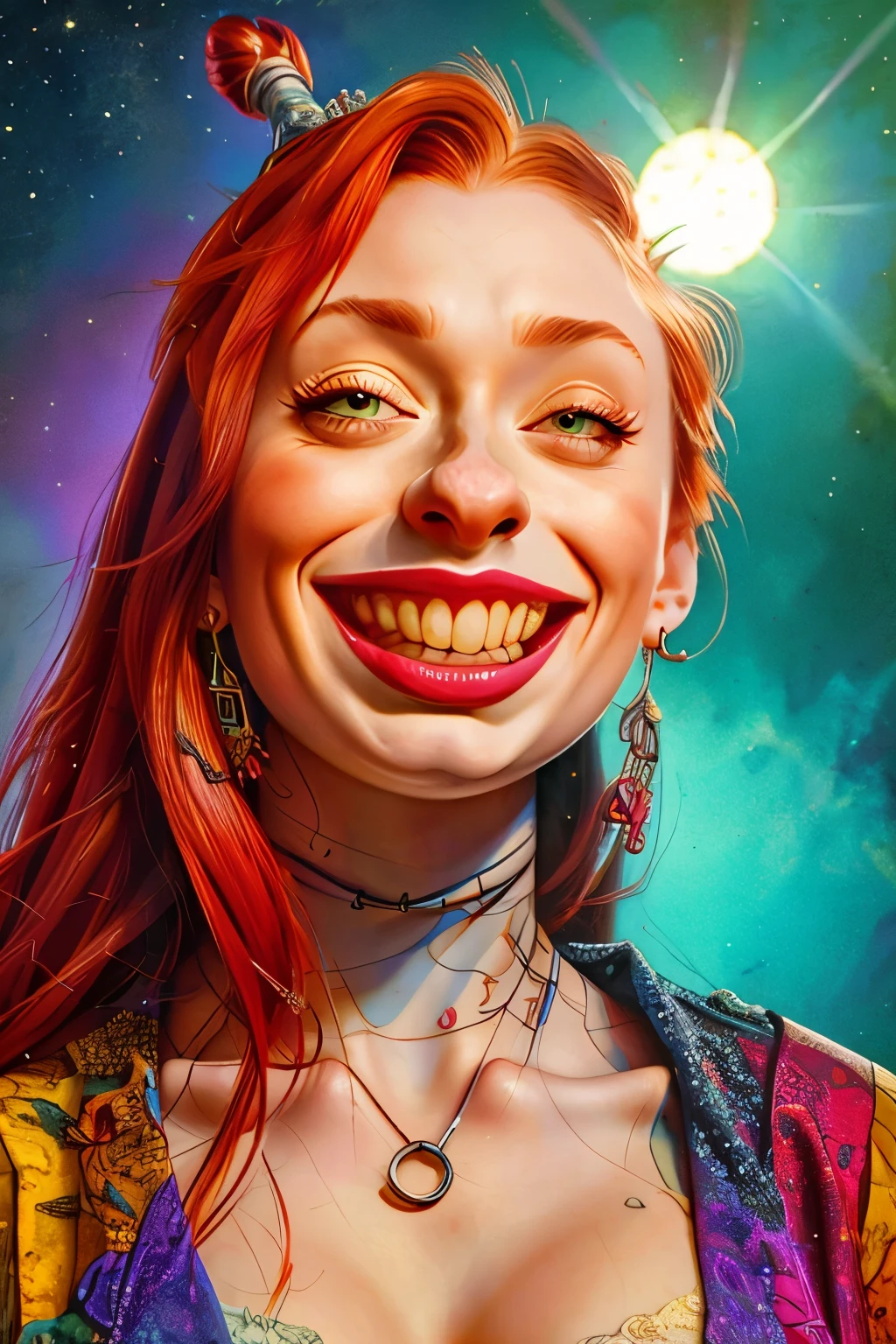 A (((caricature of Sophie Turner))) has a hippie girl floating in the sky, exaggerated facial features with large eyes and a wide, blissful smile, long flowing hair with flowers and beads, wearing vibrant tie-dye clothing, surrounded by colorful birds, surreal and dreamy atmosphere, clouds and stars in the background, psychedelic patterns swirling around, cartoon style, bright and vivid colors, peaceful and euphoric expression, dynamic and whimsical pose, highly detailed, (masterpiece: 2), best quality, ultra highres, original, extremely detailed, perfect lighting
