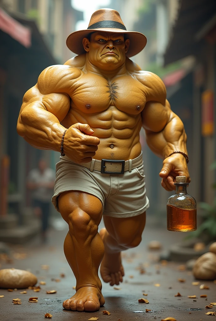 MUSCULAR BREAD DOUGH WITH A HAT BUT THEY STEAL A POTION NOT FAT AND THEY CHASE HIM BUT VERY TENDER BUT ALL MUSCULAR BUT VERY REALISTIC BUT NOT SO MUCH TENDERNESS WITH A POTION IN HIS HAND BUT WITH A WHITE SHIRT AND NOT FAT GUYS