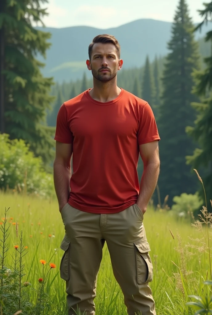 A tall man with short brown hair wearing a red t-shirt and beige pants, back to back in a natural landscape, with grass and forest behind. PICTURE REALISTIC.
