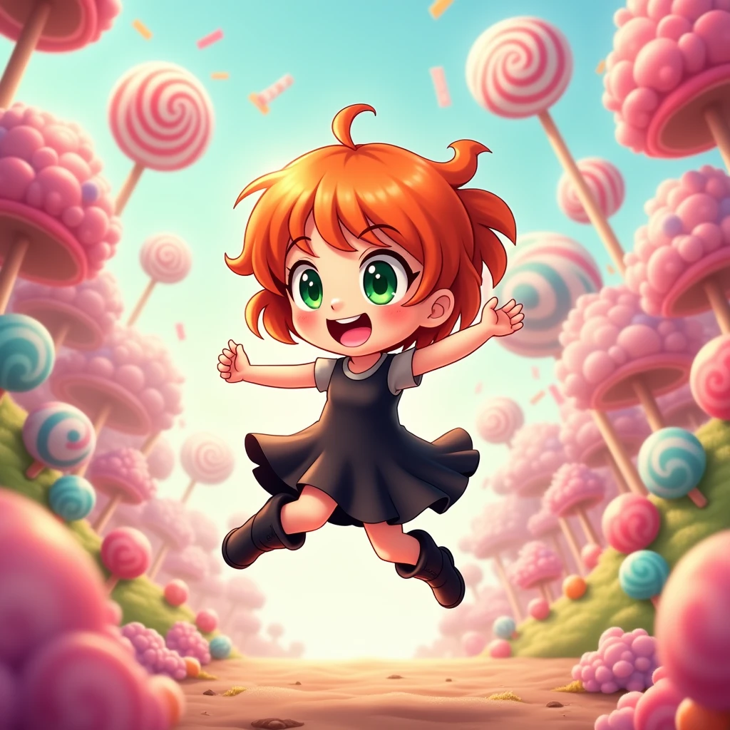Candy background. 1 Chibi adult woman with orange hair and green eyes. Wearing a black dress and boots. Happy. Jumping.
