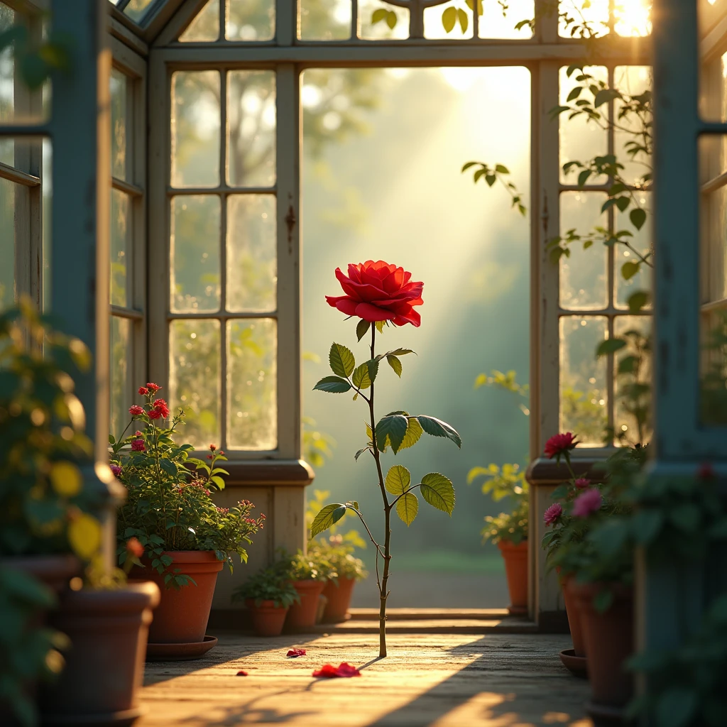 sunlight,Red Rose ,glass house,vintage