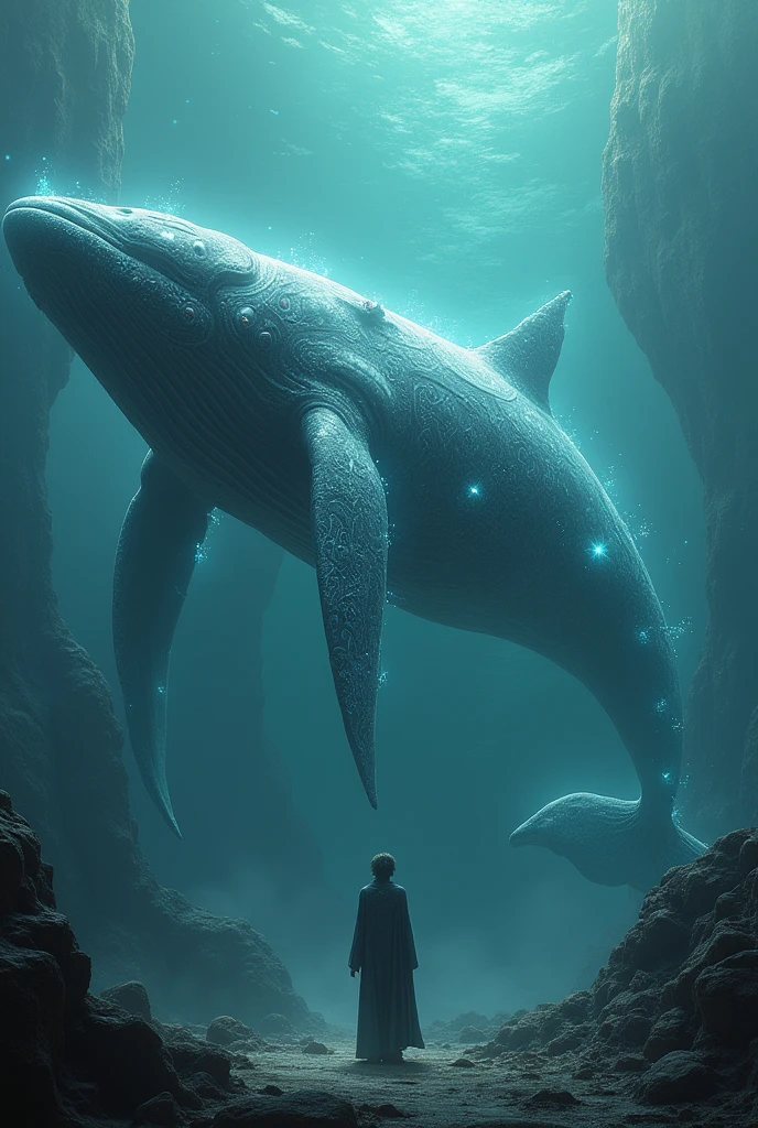 A whale with mystical and futuristic features in a different environment
